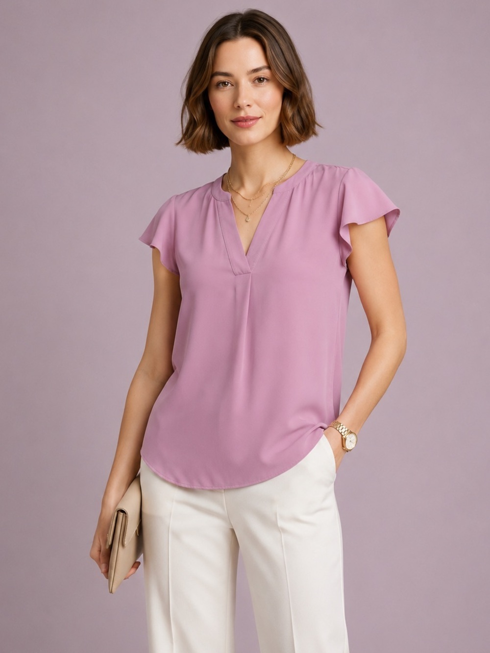 J. Crew V Neck Flutter Sleeve
Lilac Blouse Size 2 Short Sleeve Purple